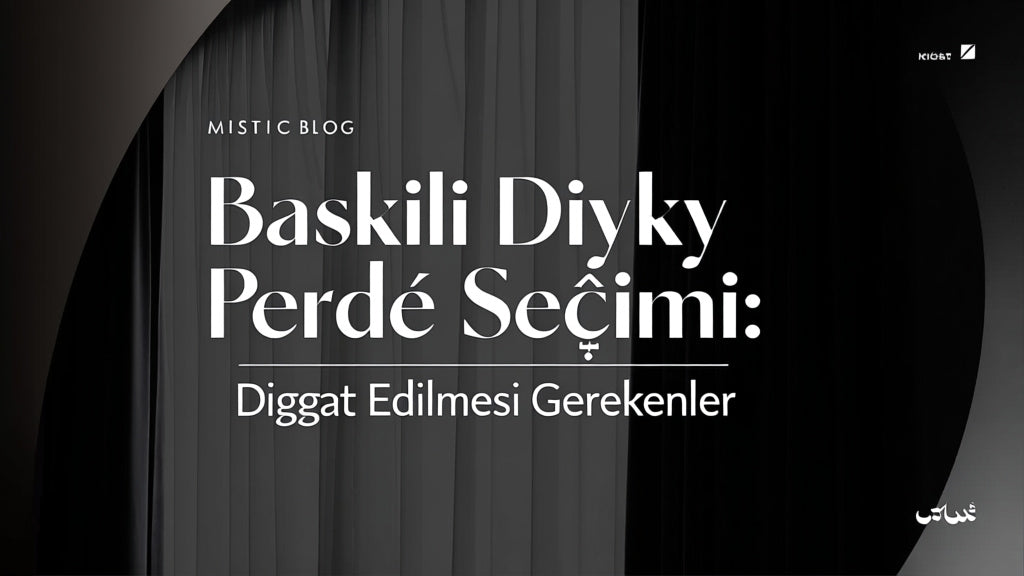 Image with the article title "Baskili Dikey Perde Seçimi: Dikkat Edilmesi Gerekenler" in white, bold text on a minimalist background of dark curtains. The text invites choosing printed vertical blinds.
