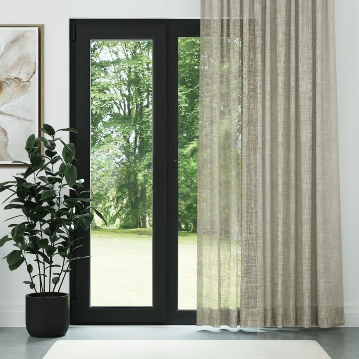 Beige Basketweave Linen Look Semi-Sheer Curtain