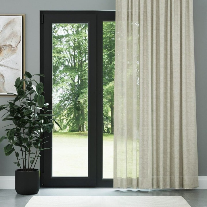 Beige Slub Textured Linen Look Sheer Curtain