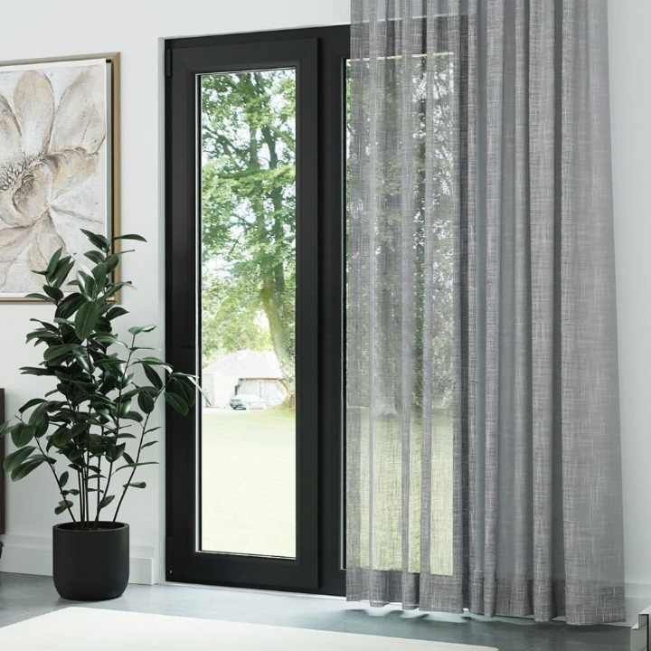 Grey Basketweave Linen Look Semi-Sheer Curtain