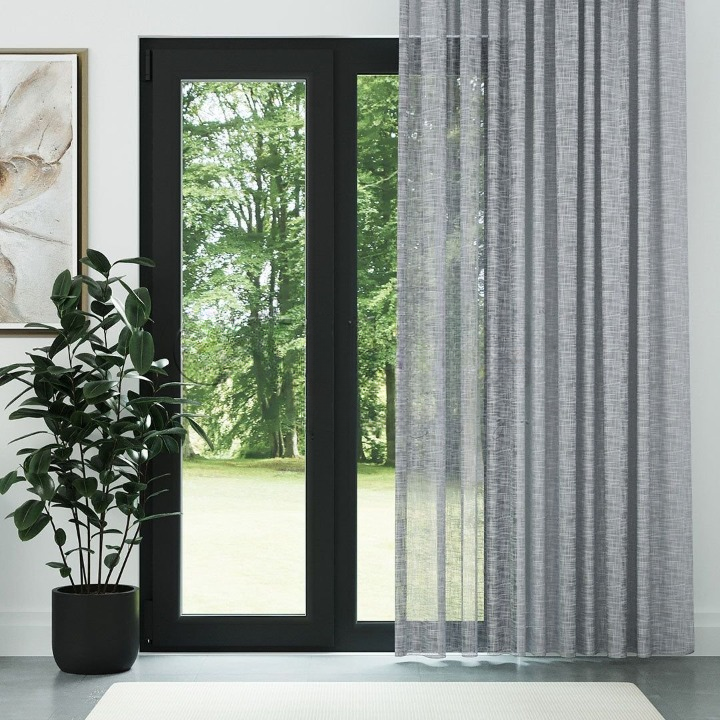 Grey Slub Linen Look Semi-Sheer Curtain