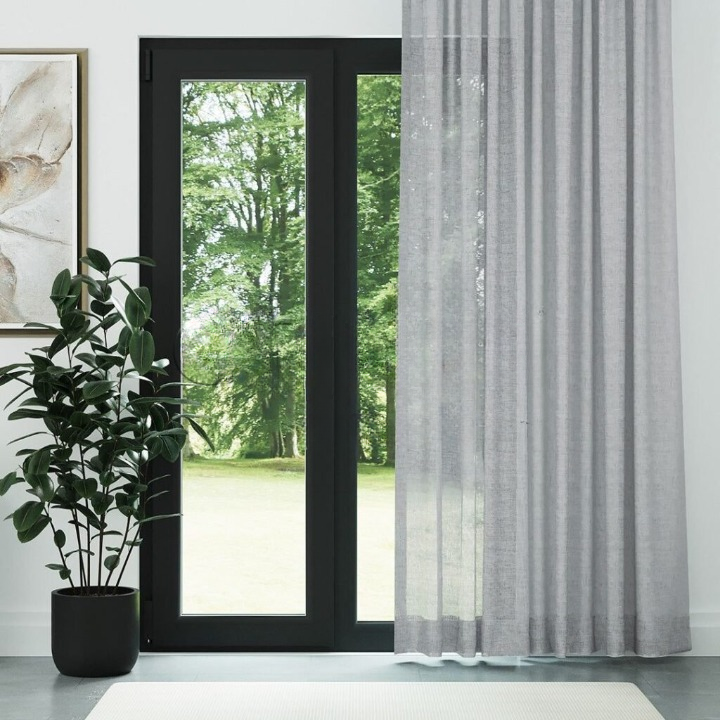Grey Slub Linen Look Sheer Curtain