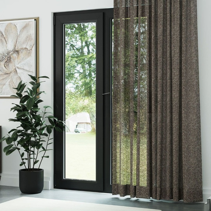 Brown Chenille Textured Open Weave Semi-Sheer Curtain