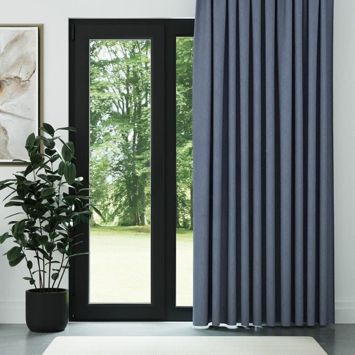 Blue Crosshatch Linen Drapes