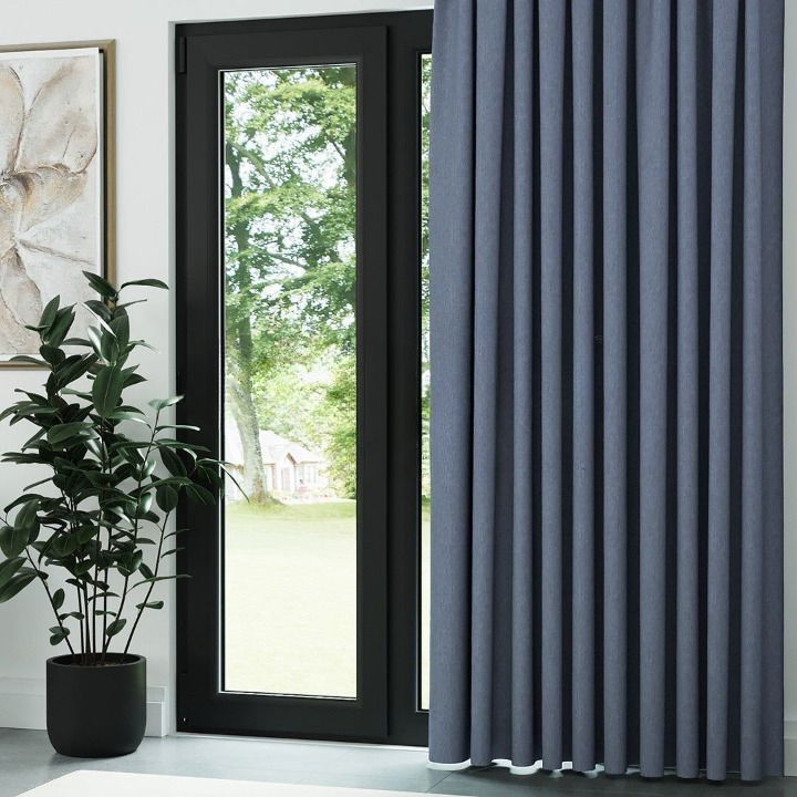 Blue Crosshatch Linen Drapes