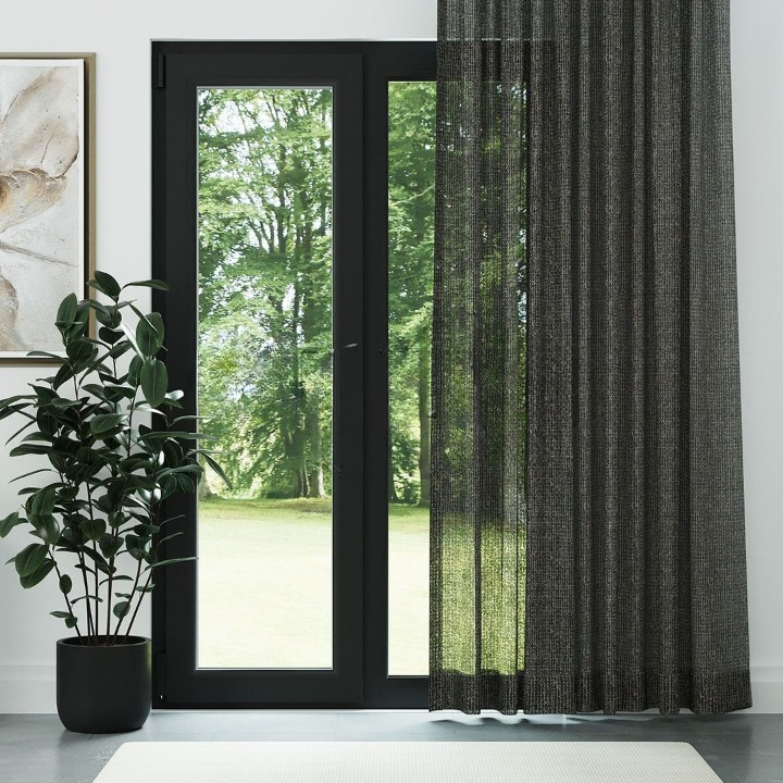 Black Chenille Textured Open Weave Semi-Sheer Curtain