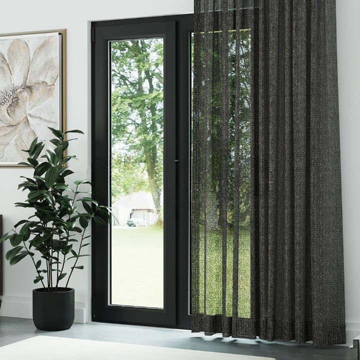 Black Chenille Textured Open Weave Semi-Sheer Curtain